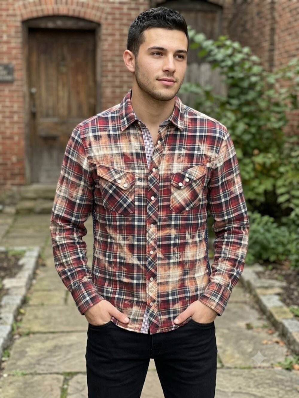 Distressed Modern Western Plaid Print Snap Shirt Men's Georg Roth